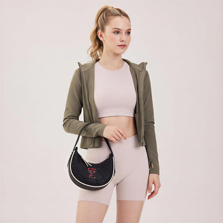 Texas Tech Crescent Shoulder Bags for Women, Ladies Clutch Underarm Purse with RFID Protection, Leather Half Moon Handbags for Fan Gifts | NC-TTU017BK