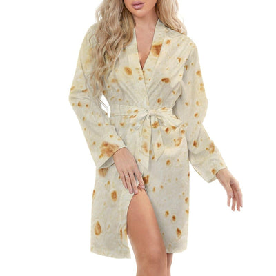 Burrito Tortilla Pattern Women's Nightshirt Long Sleeve Nightgown V-Neck Sleepwear Casual Pajama Dress L