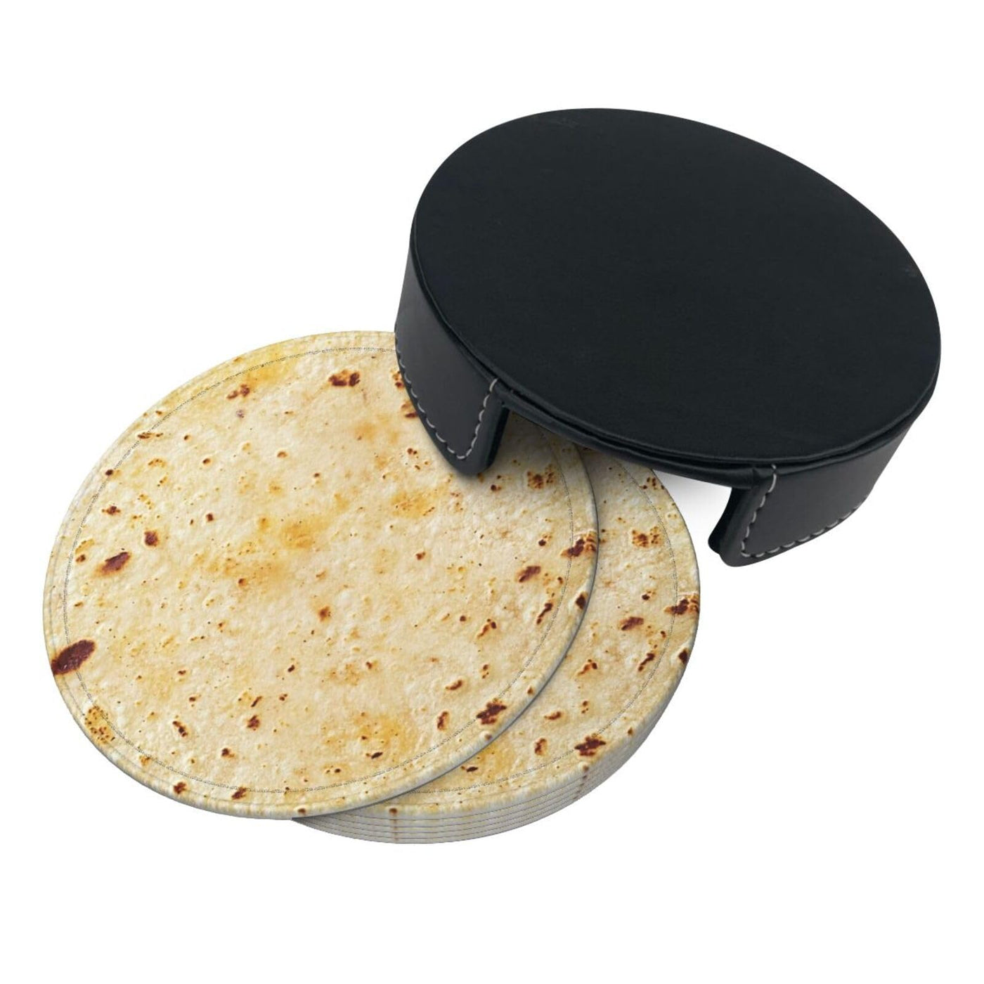 Tortilla Coasters for Drinks Set of 6, Round Leather Coaster with Holder, Drink Coaster Sets for Home Bar Decor House Warming Gift