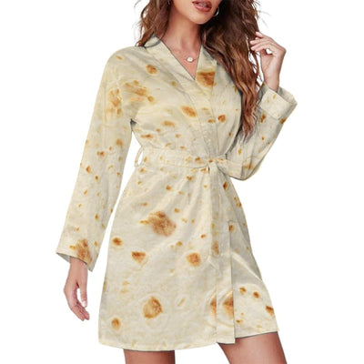 Burrito Tortilla Pattern Women's Nightshirt Long Sleeve Nightgown V-Neck Sleepwear Casual Pajama Dress L
