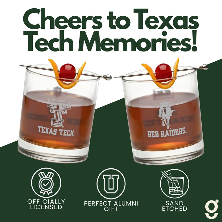 Texas Tech University Red Raiders Whiskey Glasses Set of 2, 10 oz Sand-Etched