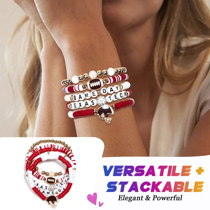 Texas Tech Merch Gifts Inspired Bracelets 5 Pcs Stackable Stretch Beaded Friendship Game Day Football Bracelets Costume Shirt Jersey Hat flag Merchandise Gifts for Fans Women Birthday