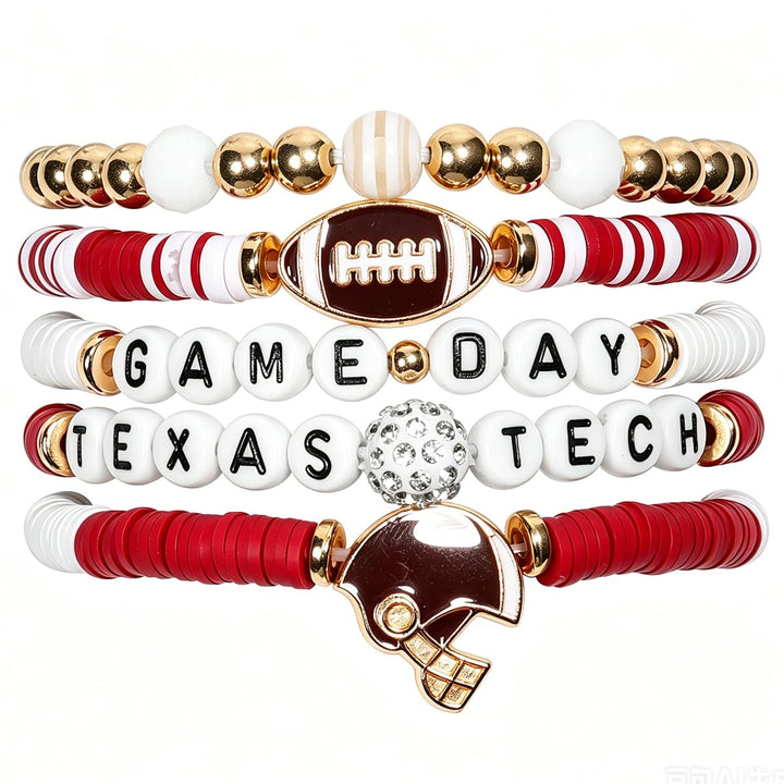 Texas Tech Merch Gifts Inspired Bracelets 5 Pcs Stackable Stretch Beaded Friendship Game Day Football Bracelets Costume Shirt Jersey Hat flag Merchandise Gifts for Fans Women Birthday