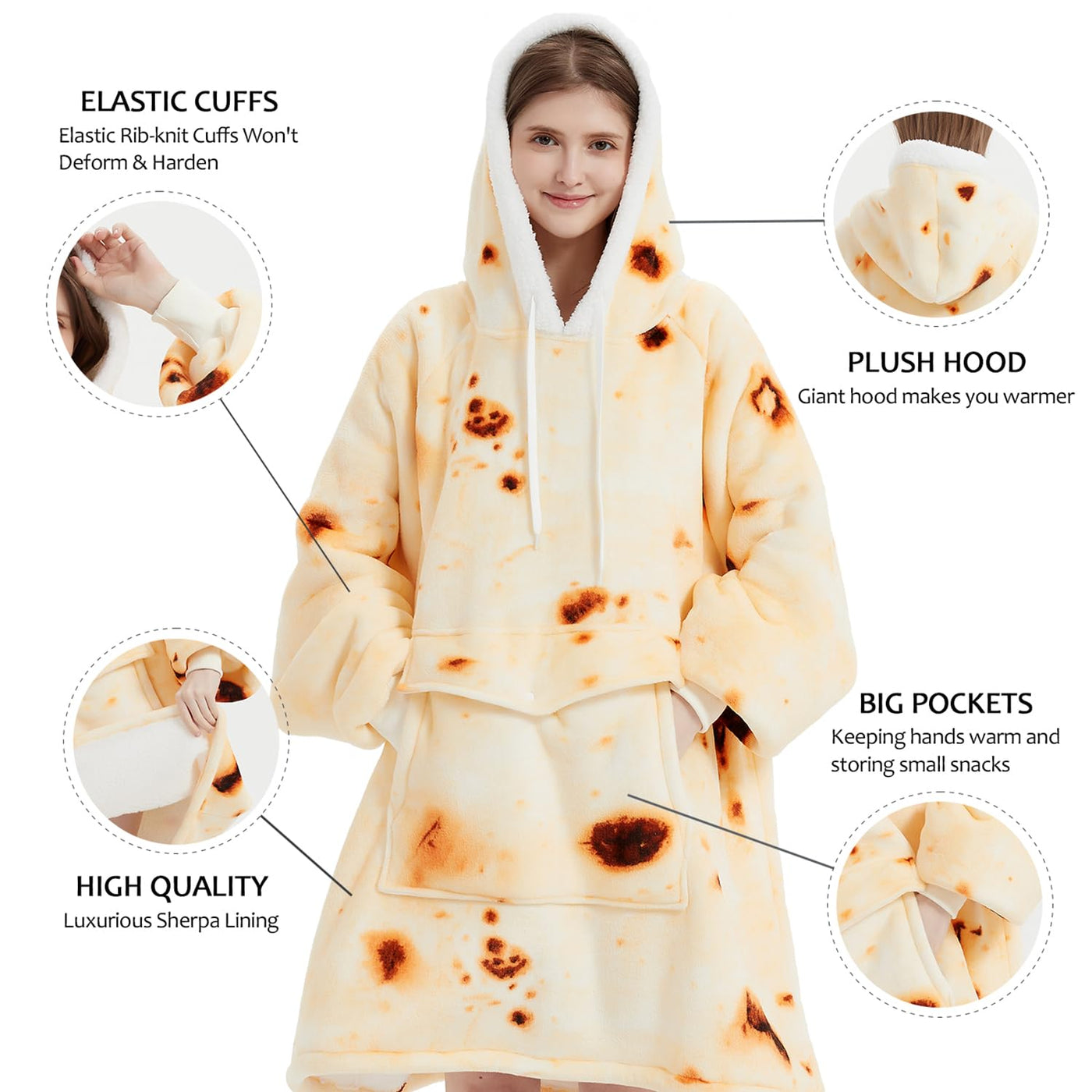 Qeils Wearable Blanket Hoodie for Women, Comfy Sherpa Sweatshirt Blanket as Birthday Christmas Gifts, Oversized Pullover Jacket Blanket Hoodie for Adult (Burritos, Adult)