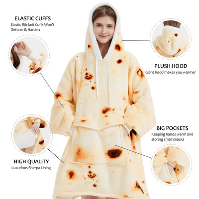Qeils Wearable Blanket Hoodie for Women, Comfy Sherpa Sweatshirt Blanket as Birthday Christmas Gifts, Oversized Pullover Jacket Blanket Hoodie for Adult (Burritos, Adult)