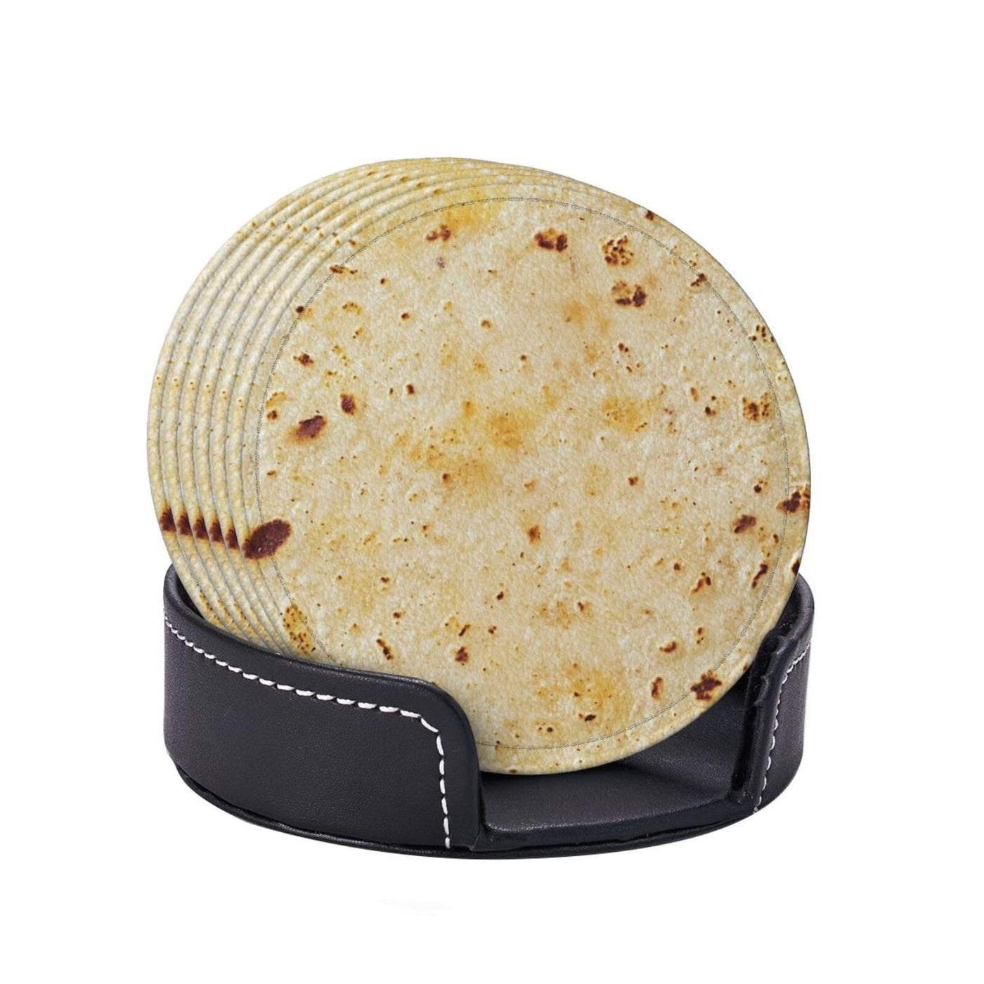 Tortilla Coasters for Drinks Set of 6, Round Leather Coaster with Holder, Drink Coaster Sets for Home Bar Decor House Warming Gift