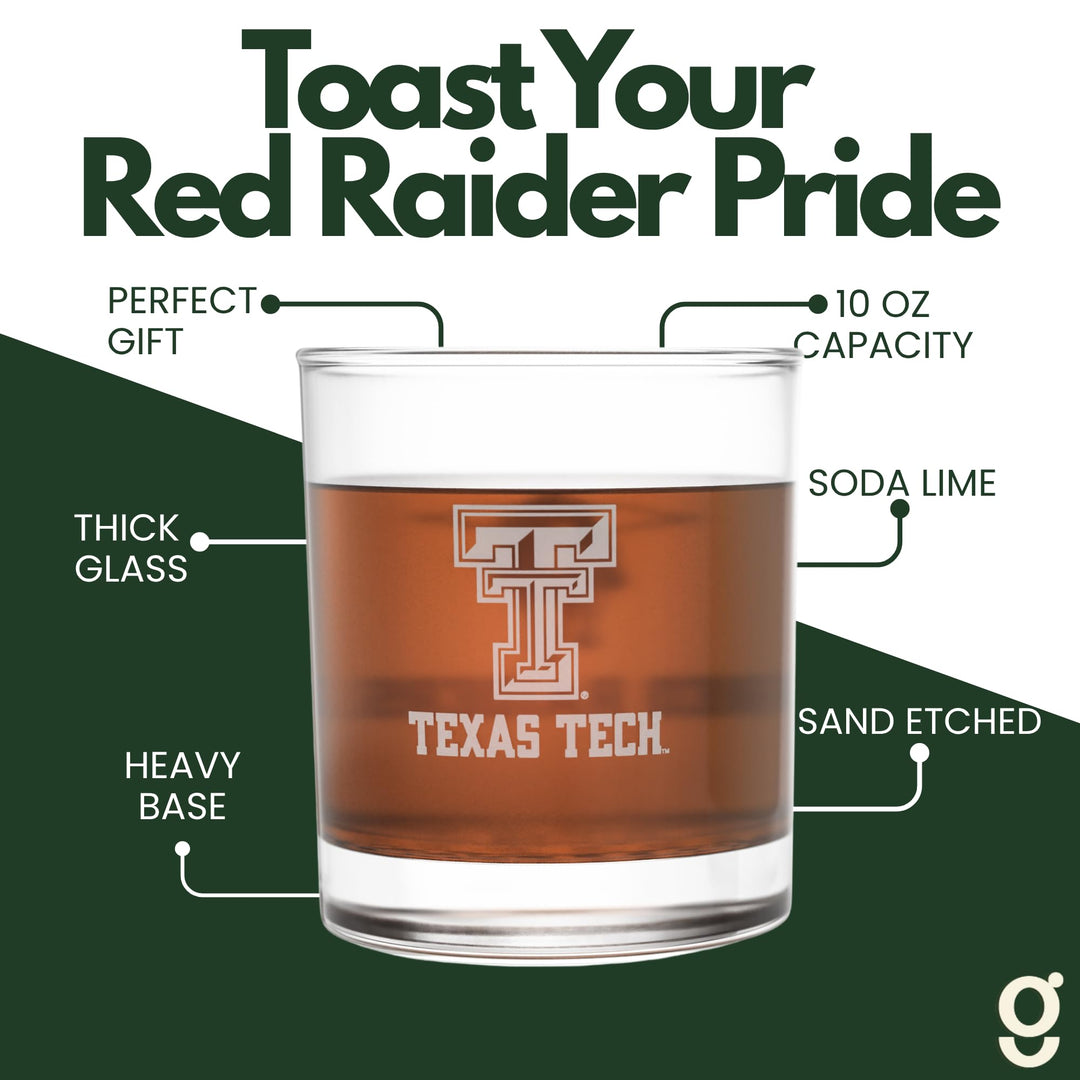 Texas Tech University Red Raiders Whiskey Glasses Set of 2, 10 oz Sand-Etched