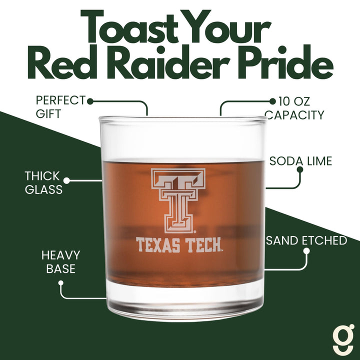 Texas Tech University Red Raiders Whiskey Glasses Set of 2, 10 oz Sand-Etched