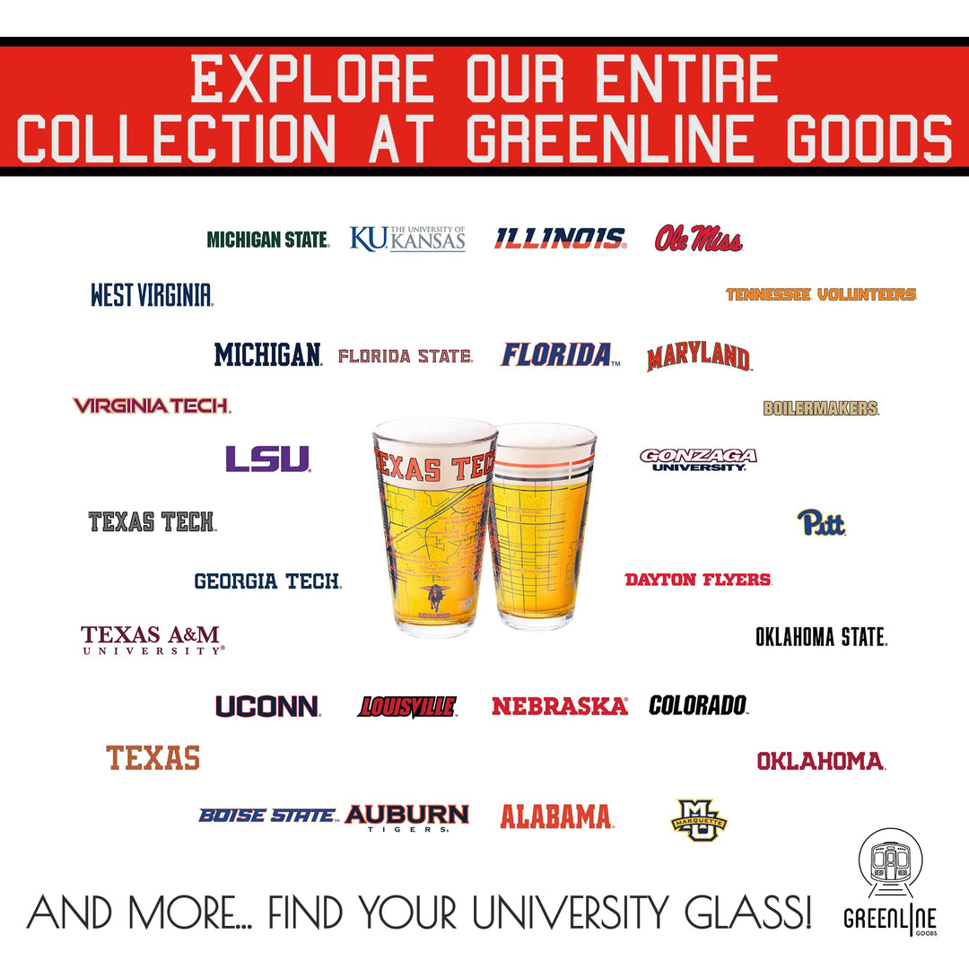 Greenline Goods – Texas Tech University Red Raiders College Pint Beer Glasses (Set of 2), 16 oz – Full-Color Logo + Campus Map