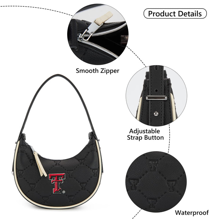 Texas Tech Crescent Shoulder Bags for Women, Ladies Clutch Underarm Purse with RFID Protection, Leather Half Moon Handbags for Fan Gifts | NC-TTU017BK