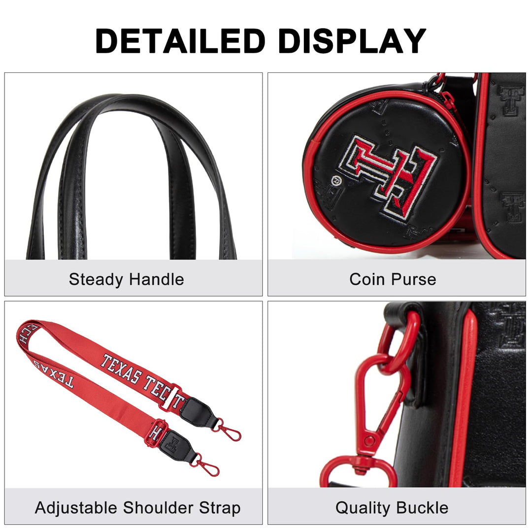 Texas Tech Purses and Handbags Top Handle Satchel Shoulder Bags, Leather Crossbody Bags &amp; Removable Coin Purse, Adjustable Strap Handbags for Graduation Gifts | NC-TTU014BK