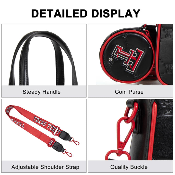 Texas Tech Purses and Handbags Top Handle Satchel Shoulder Bags, Leather Crossbody Bags &amp; Removable Coin Purse, Adjustable Strap Handbags for Graduation Gifts | NC-TTU014BK