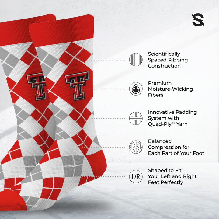 Strideline NCAA Mens Argyle Dress Socks-Texas Tech-Size M/L (8-12)