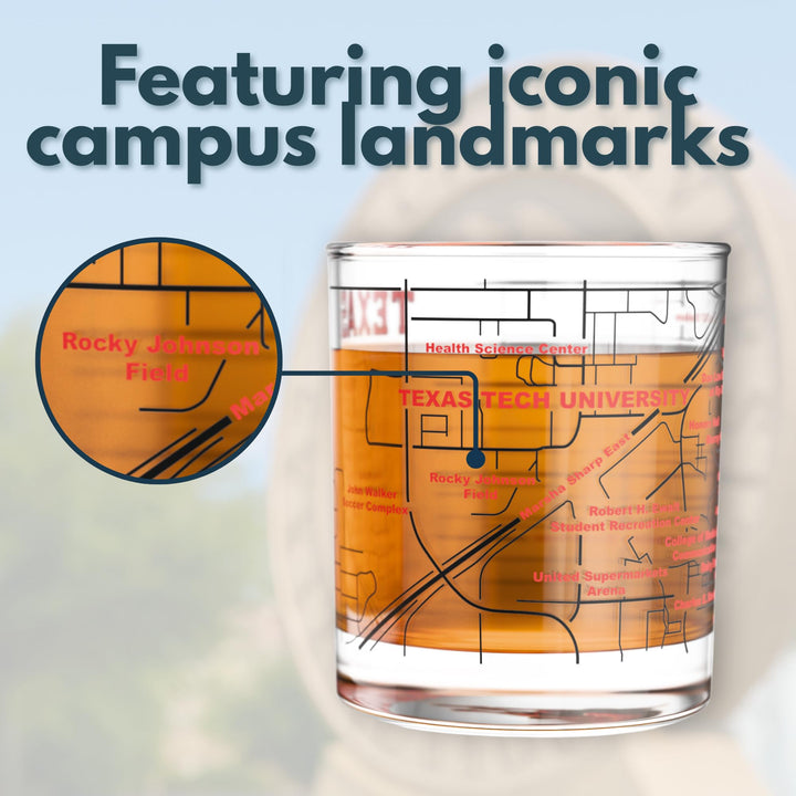 Greenline Goods Texas Tech University Red Raiders Whiskey Glasses Set of 2, 10 oz Rocks Glasses with Full-Color Logo &amp; Campus Map – Officially Licensed Bourbon Glass Gift for Alumni &amp; Fans