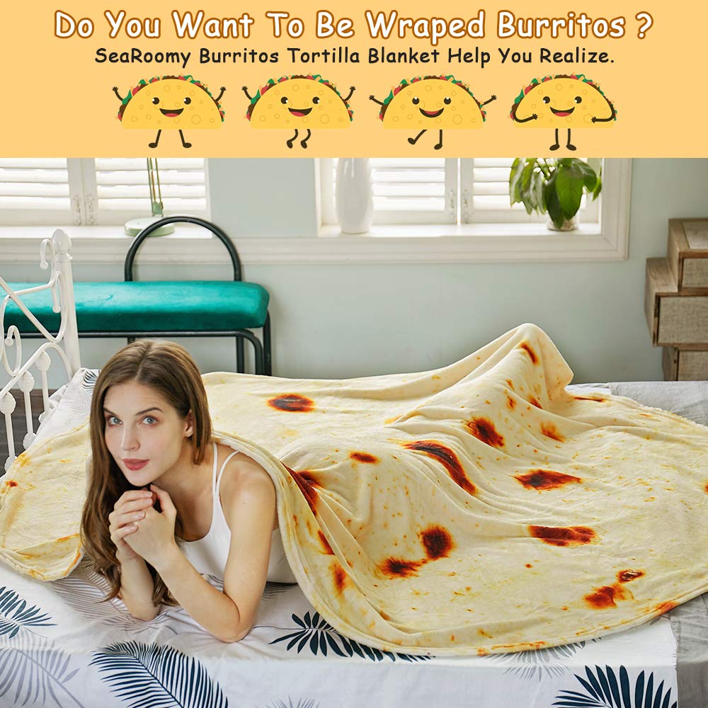 SeaRoomy Burritos Tortilla Throw Blanket, Tortilla Wrap Blanket, Novelty Tortillas Round Blankets Giant Tortillas Round Soft Blankets for Adults and Kids (Yellow, 71 inches)