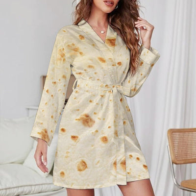 Burrito Tortilla Pattern Women's Nightshirt Long Sleeve Nightgown V-Neck Sleepwear Casual Pajama Dress L