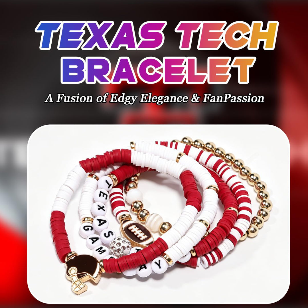 Texas Tech Merch Gifts Inspired Bracelets 5 Pcs Stackable Stretch Beaded Friendship Game Day Football Bracelets Costume Shirt Jersey Hat flag Merchandise Gifts for Fans Women Birthday