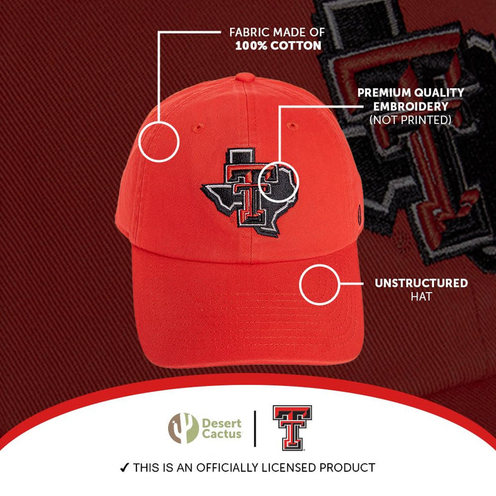 Desert Cactus Texas Tech University Baseball Hat TTU Red Raiders Brimmed Embroidered Hats Cap Adjustable Cloth Strap Adult (Style C1)