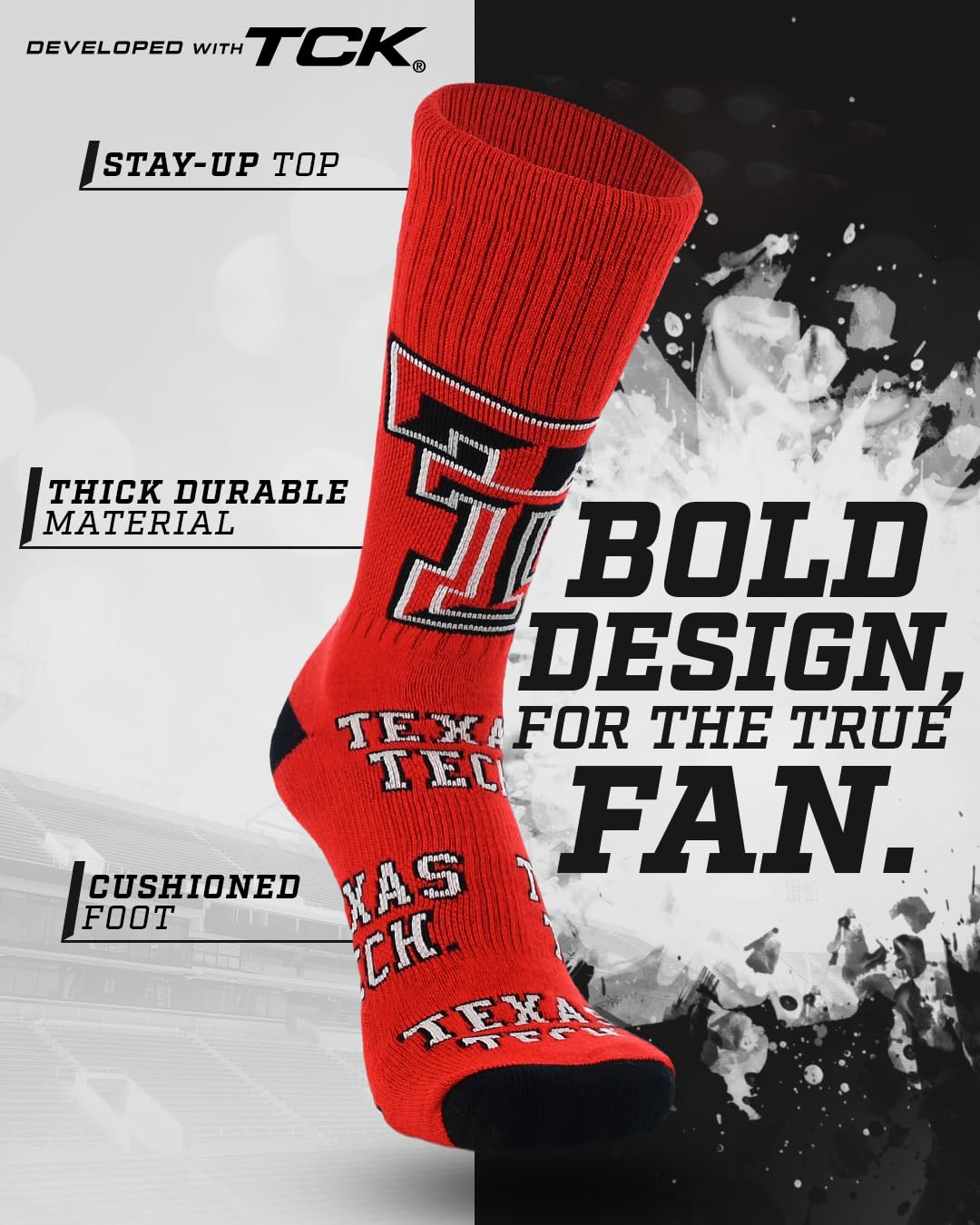 TCK Mayhem NCAA Crew Socks - Texas Tech Red Raiders (Scarlet/Black/White, Large)