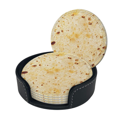 Tortilla Coasters for Drinks Set of 6, Round Leather Coaster with Holder, Drink Coaster Sets for Home Bar Decor House Warming Gift