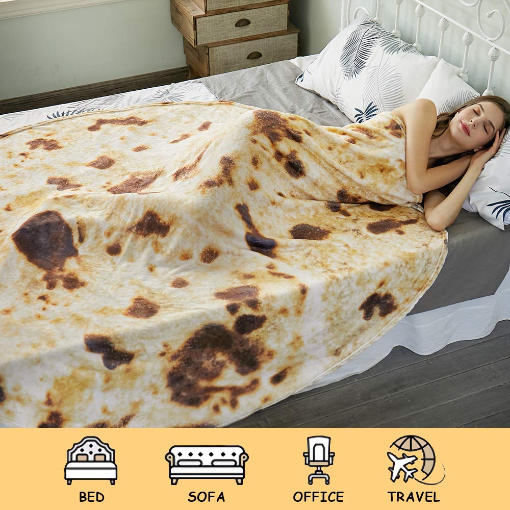 SeaRoomy Burritos Tortilla Throw Blanket, Tortilla Wrap Blanket, Novelty Tortillas Round Giant Round Soft Blankets for Adults and Kids (Brown, 80 inches)