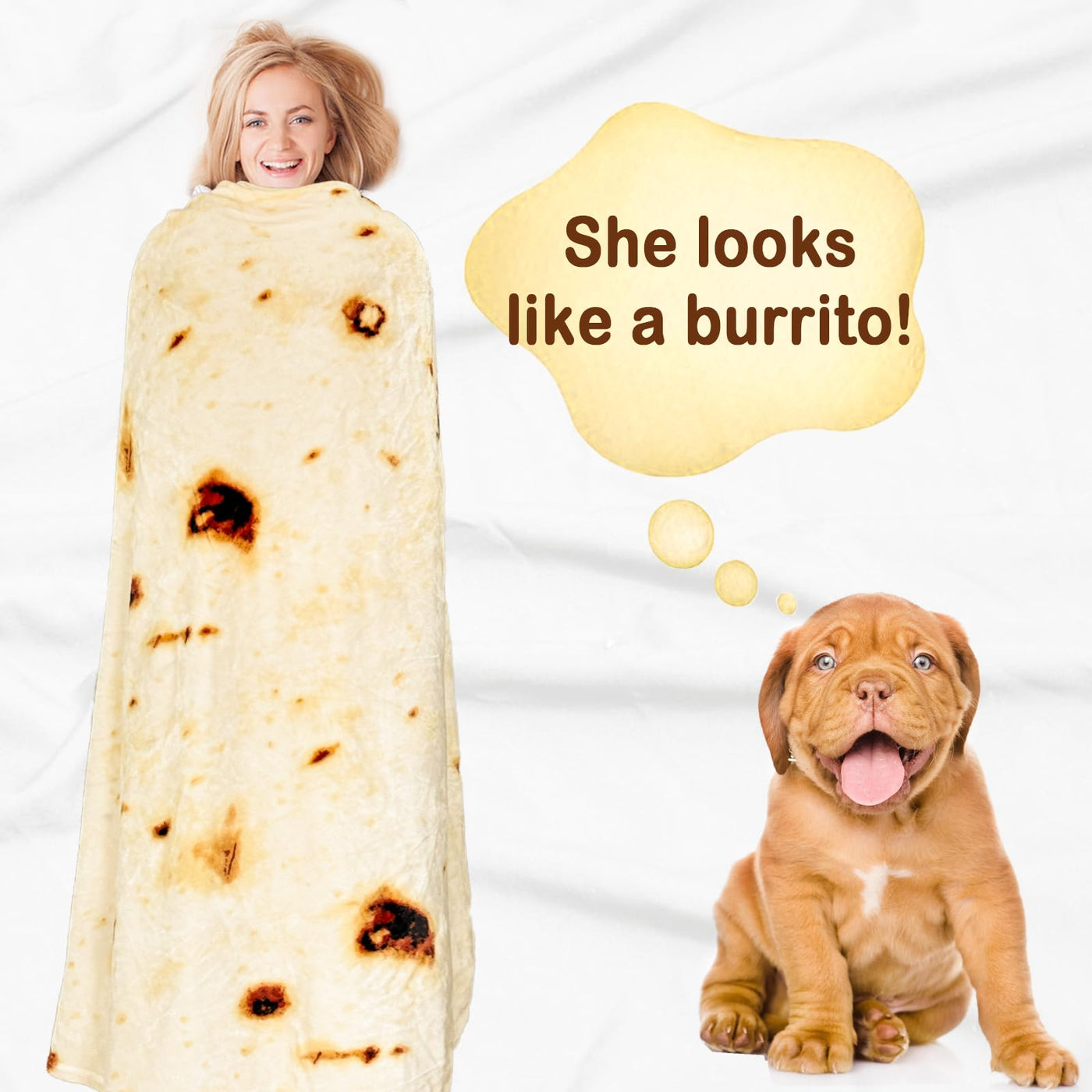 Bnuitland 80 Inches Tortilla Burritos Pattern Blanket with Pouch, 300 GSM Double Sided Giant Flour Novelty Taco Funny Realistic Food Blanket for Adults, Super Soft Flannel for Bed