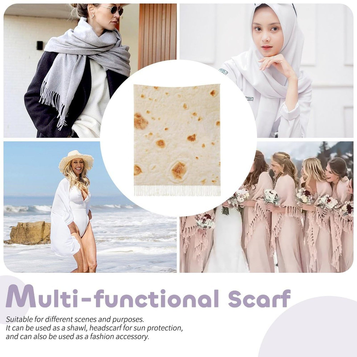 Burrito Tortilla Pattern Women's Autumn Winter Scarf Tassel Soft Warm Blanket Scarf Shawl 200x70cm
