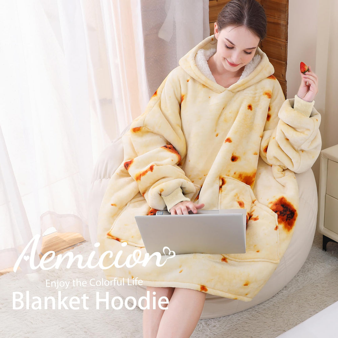 Oversized Wearable Tortilla Blanket Cozy Hoodie Blanket Warm Sherpa Sweatshirt Gifts for Women Men Adult