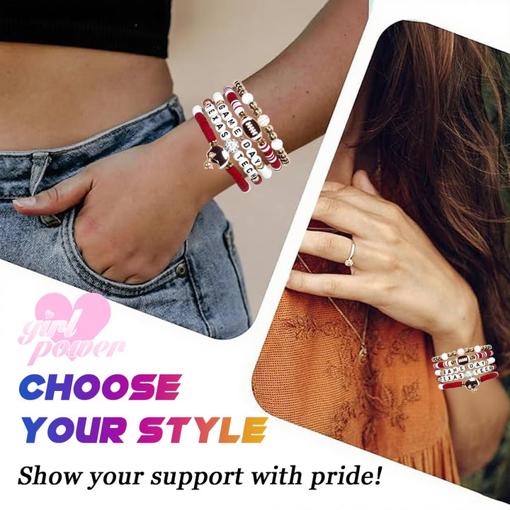 Texas Tech Merch Gifts Inspired Bracelets 5 Pcs Stackable Stretch Beaded Friendship Game Day Football Bracelets Costume Shirt Jersey Hat flag Merchandise Gifts for Fans Women Birthday