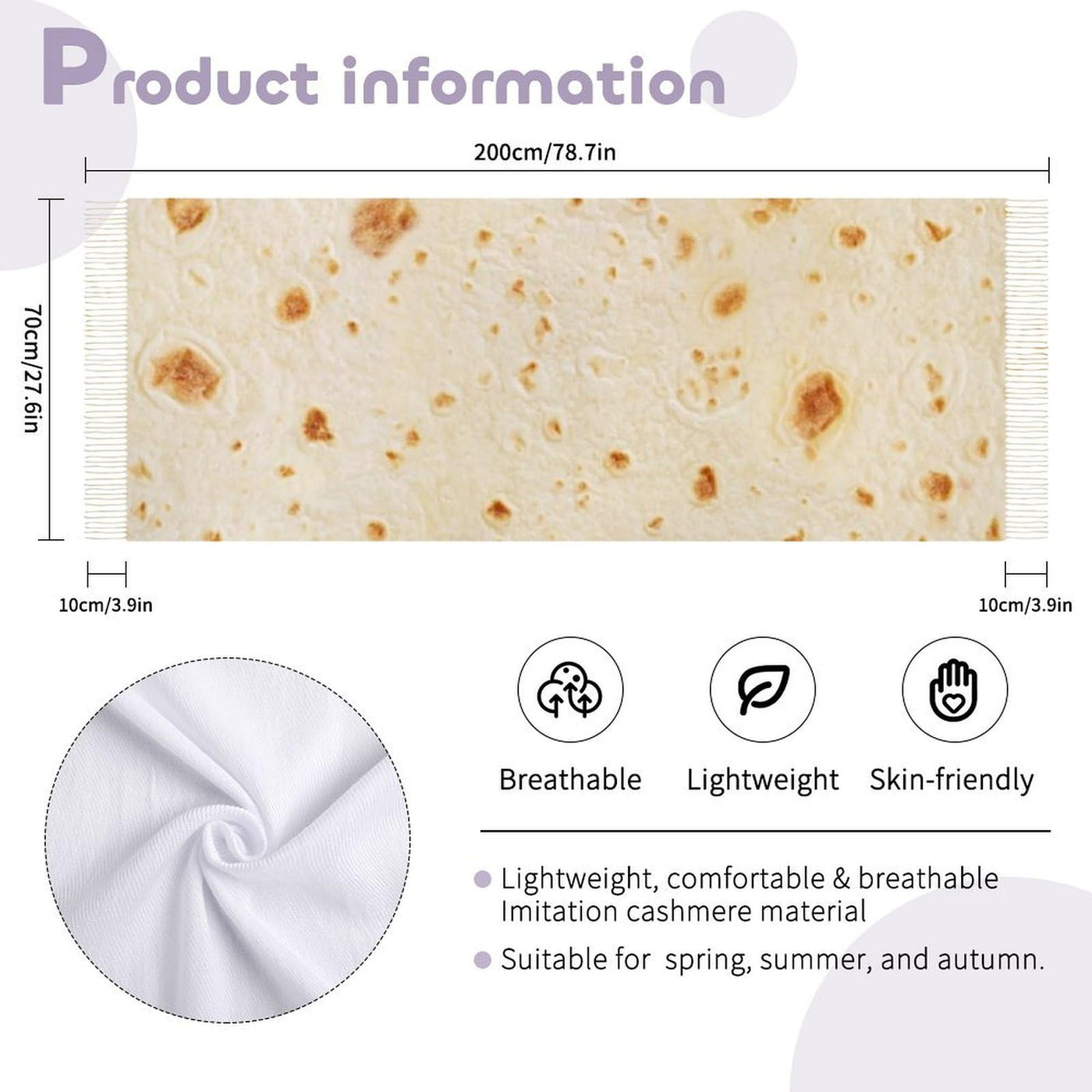 Burrito Tortilla Pattern Women's Autumn Winter Scarf Tassel Soft Warm Blanket Scarf Shawl 200x70cm