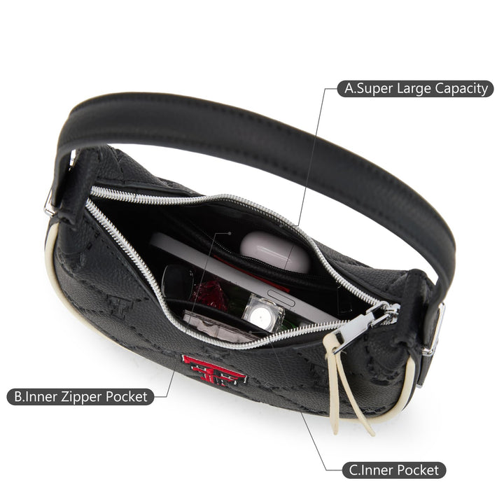 Texas Tech Crescent Shoulder Bags for Women, Ladies Clutch Underarm Purse with RFID Protection, Leather Half Moon Handbags for Fan Gifts | NC-TTU017BK