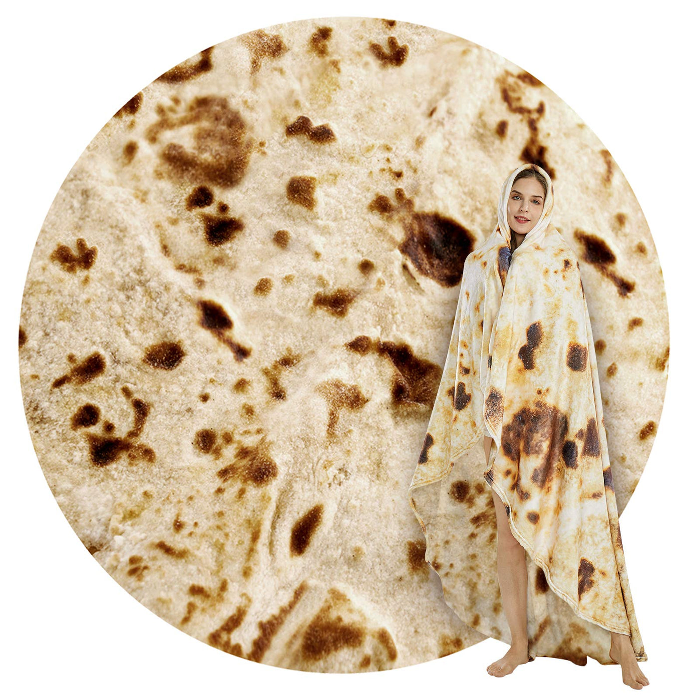 SeaRoomy Burritos Tortilla Throw Blanket, Tortilla Wrap Blanket, Novelty Tortillas Round Giant Round Soft Blankets for Adults and Kids (Brown, 80 inches)