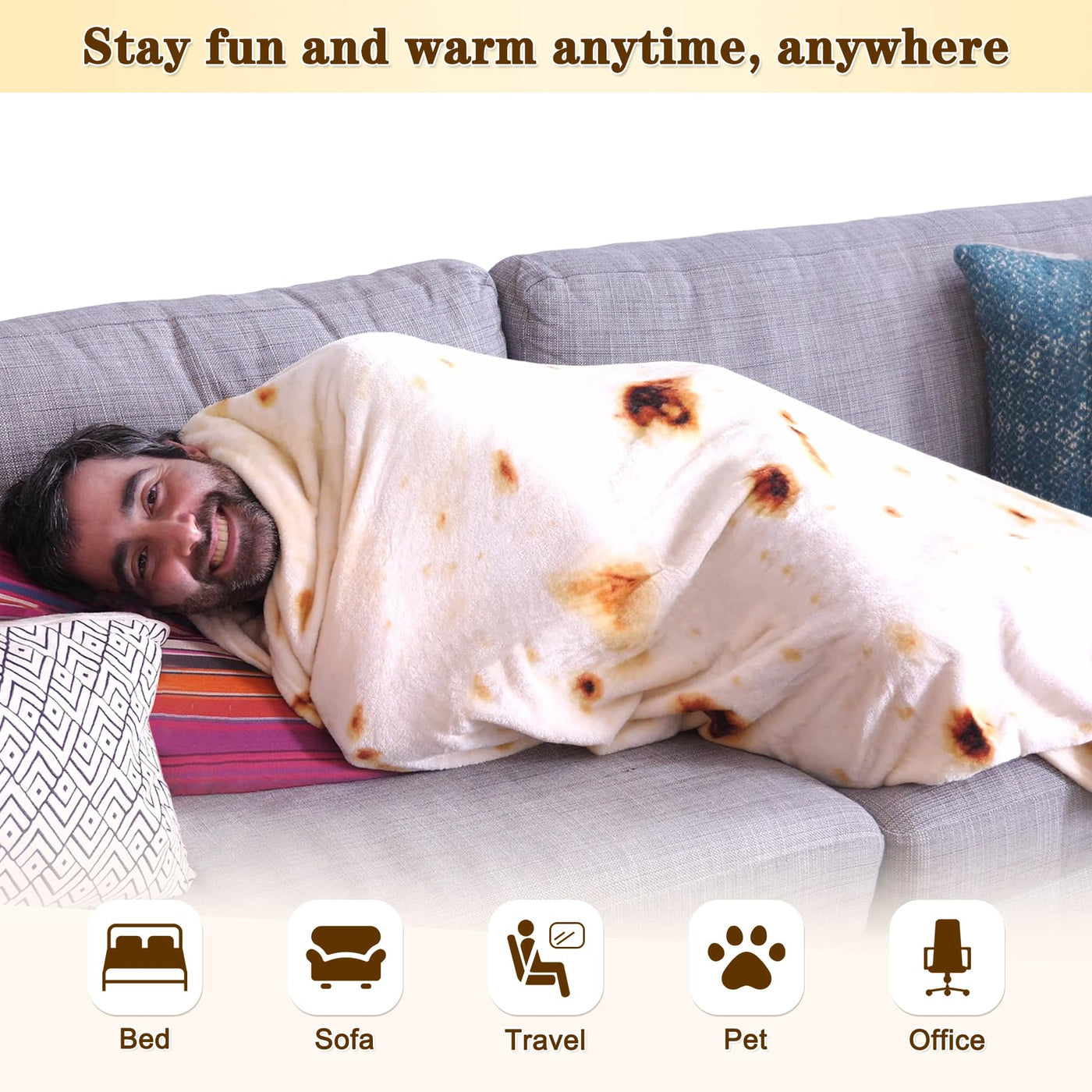 mermaker Burritos Tortilla Throw Blanket 2.0 Double Sided 71 inches for Adult and Kids, Giant Funny Realistic Food Blankets, 285 GSM Novelty Soft Flannel Taco Blanket (Yellow -Double Sided)