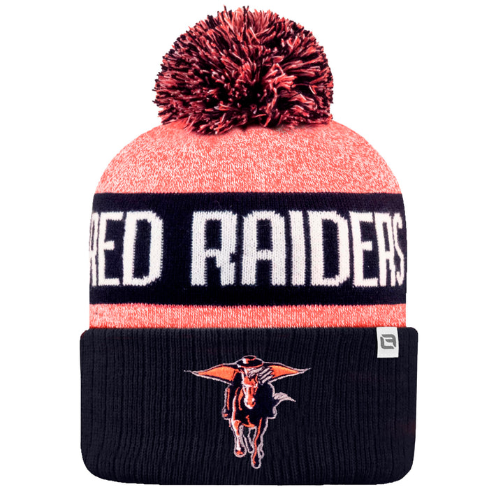 LogoFit NCAA Team Color-Embroidered Logo -Cuffed Knit Skully Beanie Pom Hat-Texas Tech Red Raiders-OSFM