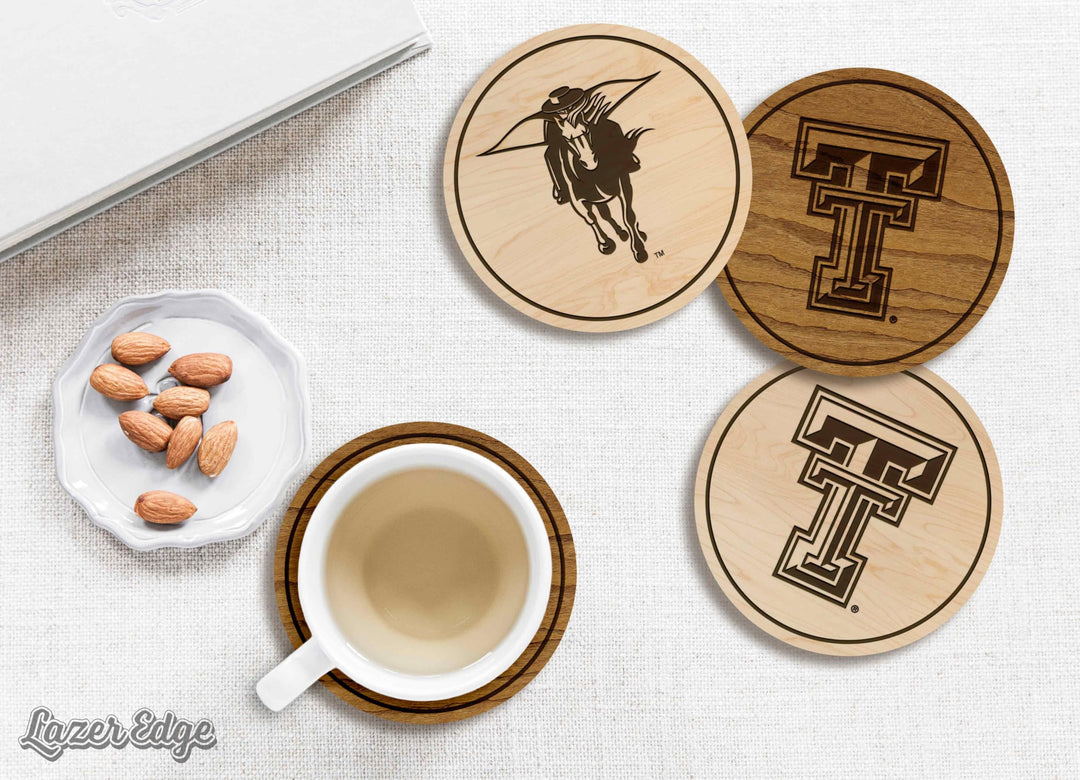 LazerEdge Texas Tech Red Raiders Wooden Coaster Set - Cherry Wood - Officially Licensed Product - 4-Pack