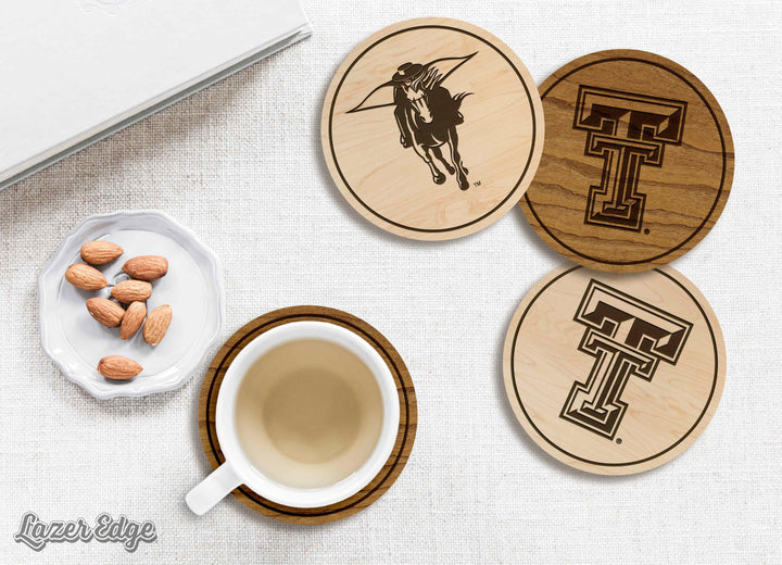 LazerEdge Texas Tech Red Raiders Wooden Coaster Set - Cherry Wood - Officially Licensed Product - 4-Pack