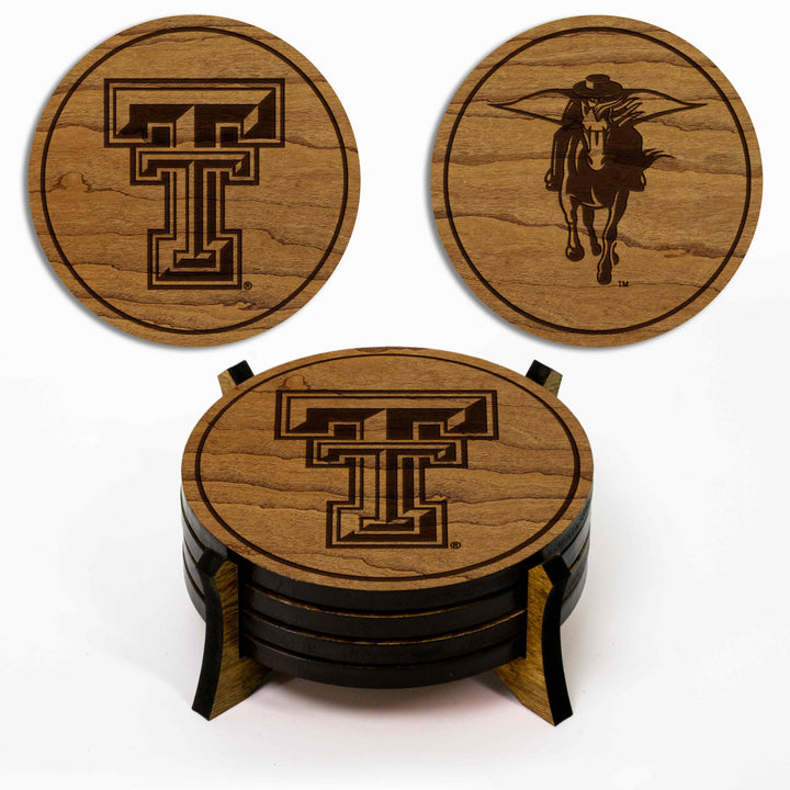 LazerEdge Texas Tech Red Raiders Wooden Coaster Set - Cherry Wood - Officially Licensed Product - 4-Pack