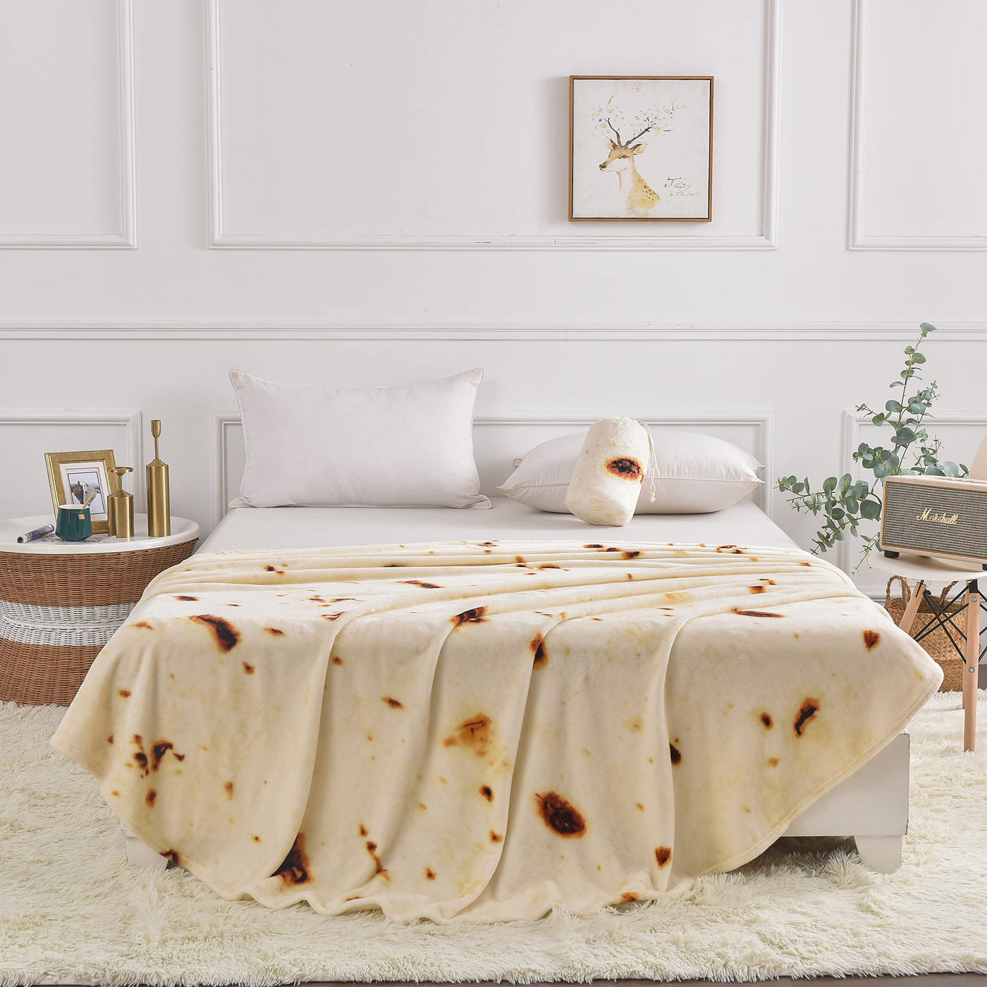 Bnuitland 80 Inches Tortilla Burritos Pattern Blanket with Pouch, 300 GSM Double Sided Giant Flour Novelty Taco Funny Realistic Food Blanket for Adults, Super Soft Flannel for Bed