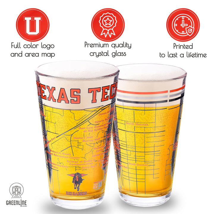 Greenline Goods – Texas Tech University Red Raiders College Pint Beer Glasses (Set of 2), 16 oz – Full-Color Logo + Campus Map