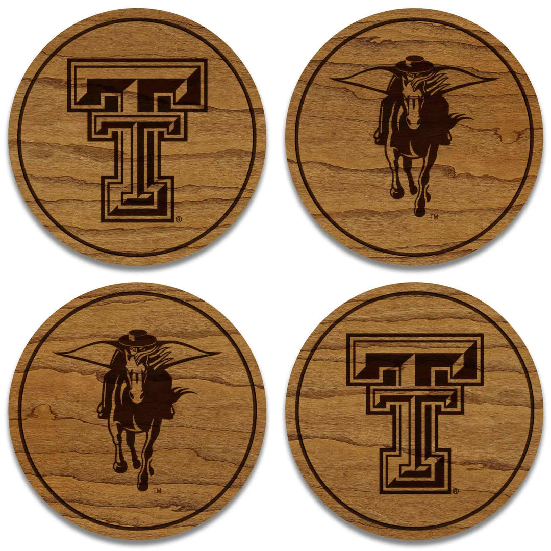 LazerEdge Texas Tech Red Raiders Wooden Coaster Set - Cherry Wood - Officially Licensed Product - 4-Pack