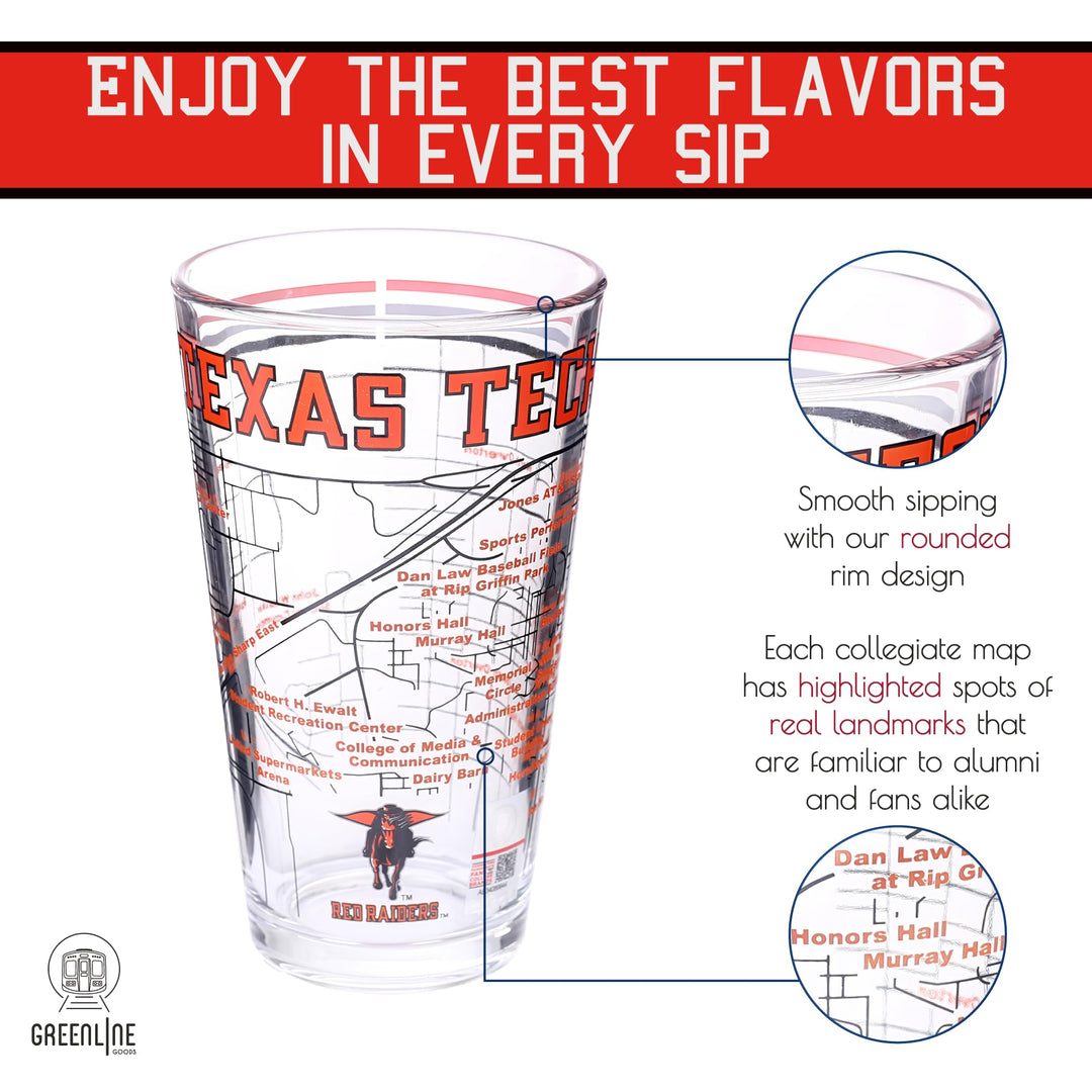 Greenline Goods – Texas Tech University Red Raiders College Pint Beer Glasses (Set of 2), 16 oz – Full-Color Logo + Campus Map