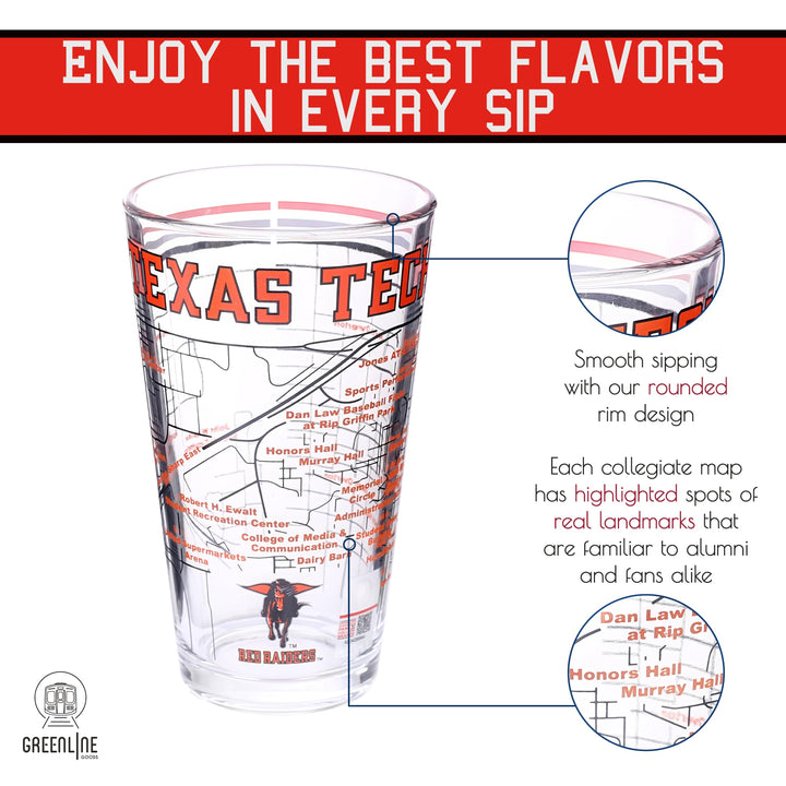 Greenline Goods – Texas Tech University Red Raiders College Pint Beer Glasses (Set of 2), 16 oz – Full-Color Logo + Campus Map