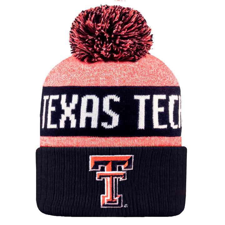 LogoFit NCAA Team Color-Embroidered Logo -Cuffed Knit Skully Beanie Pom Hat-Texas Tech Red Raiders-OSFM
