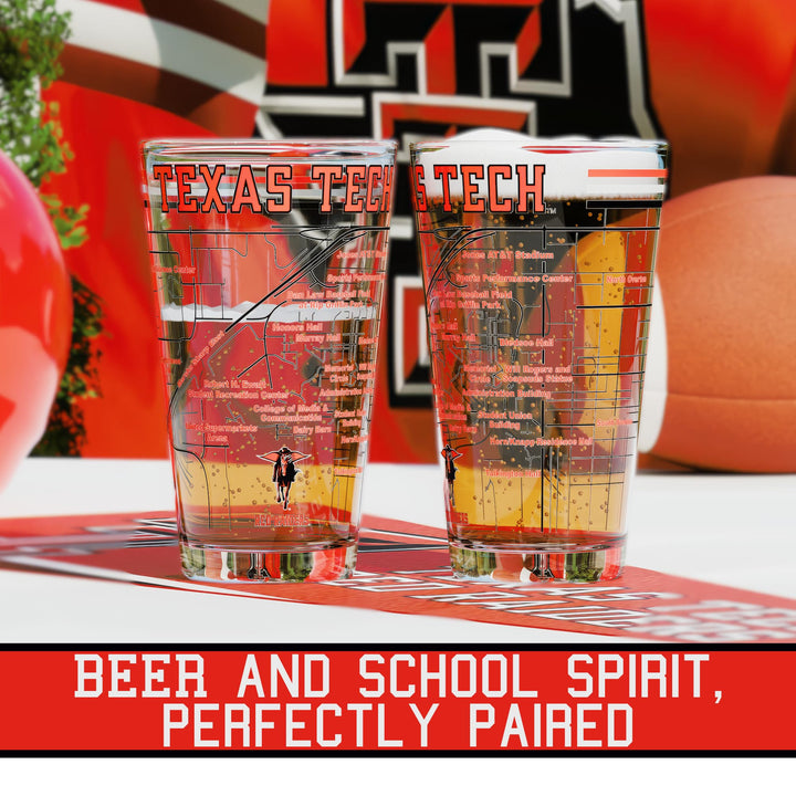 Greenline Goods – Texas Tech University Red Raiders College Pint Beer Glasses (Set of 2), 16 oz – Full-Color Logo + Campus Map