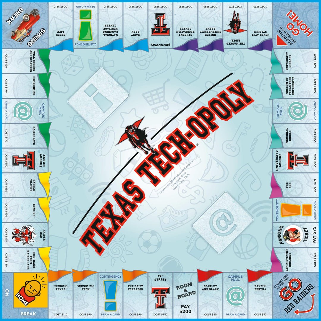 Late for The Sky Texas Tech-Opoly Board Game – Official University Campus Edition, Family Party Strategy Board Game for Adults and Kids, 2–6 Players, Ages 8+, Collect Credit Hours and Diplomas