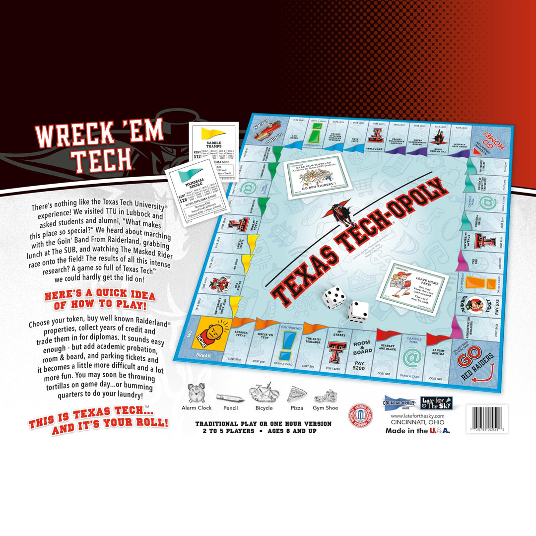 Late for The Sky Texas Tech-Opoly Board Game – Official University Campus Edition, Family Party Strategy Board Game for Adults and Kids, 2–6 Players, Ages 8+, Collect Credit Hours and Diplomas