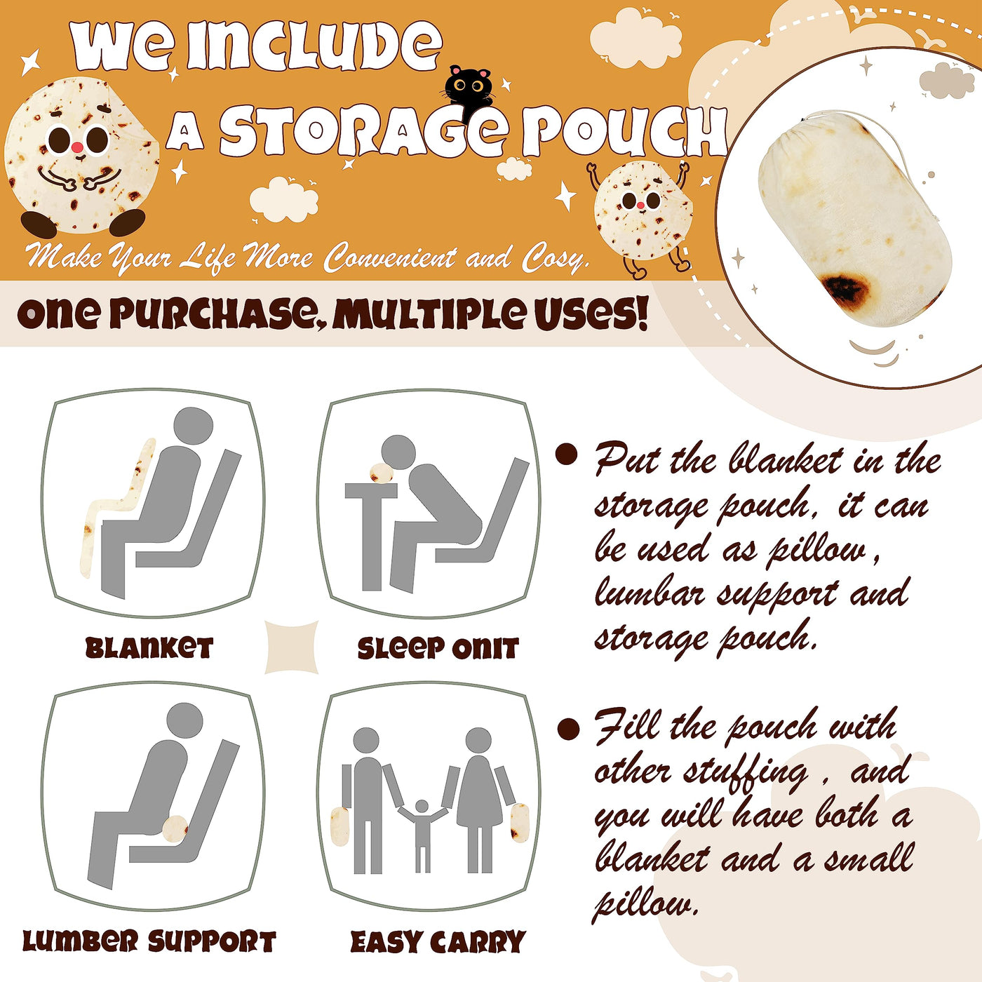 Bnuitland 80 Inches Tortilla Burritos Pattern Blanket with Pouch, 300 GSM Double Sided Giant Flour Novelty Taco Funny Realistic Food Blanket for Adults, Super Soft Flannel for Bed