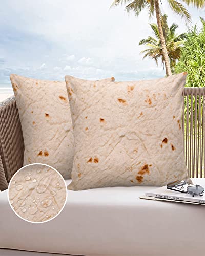 Waterproof Throw Pillow Covers, Burrito Tortilla Taco Corn Cake Food Decorative Pillowcase Soft Cushion Case for Patio Couch Tent Balcony, Set of 2 Square, 20"X20"