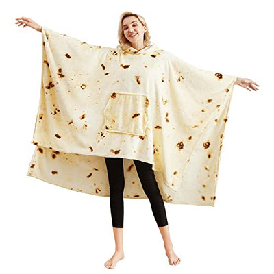 Denkee Wearable Blanket Hoodie, 60 x 80 inch Burritos Tortilla Wearable Blanket with Giant Pocket , Cozy Hooded Sherpa Throw Blanket Sweatshirt for Adults and Kids