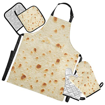 Burritos Tortilla Kitchen Apron Sets for Women Gift,Set Include 1 Waterproof Apron with Pockets,2 Oven Mitts,2 Pot Holders,Kitchen Decor and Accessories Theme Set